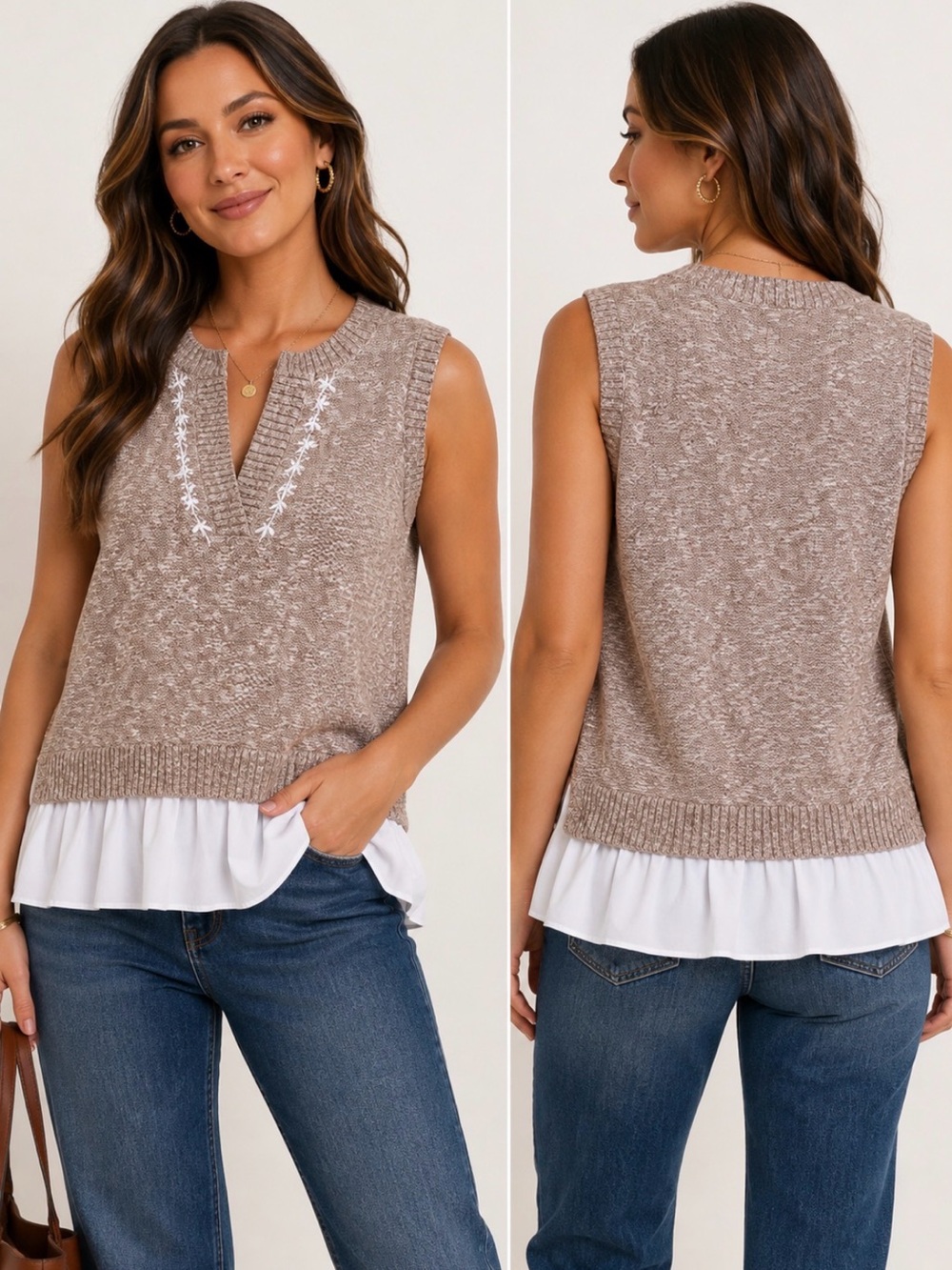 Marled XL Sleeveless Layered Knit Sweater Top Embroidered Ruffle Hem NWT